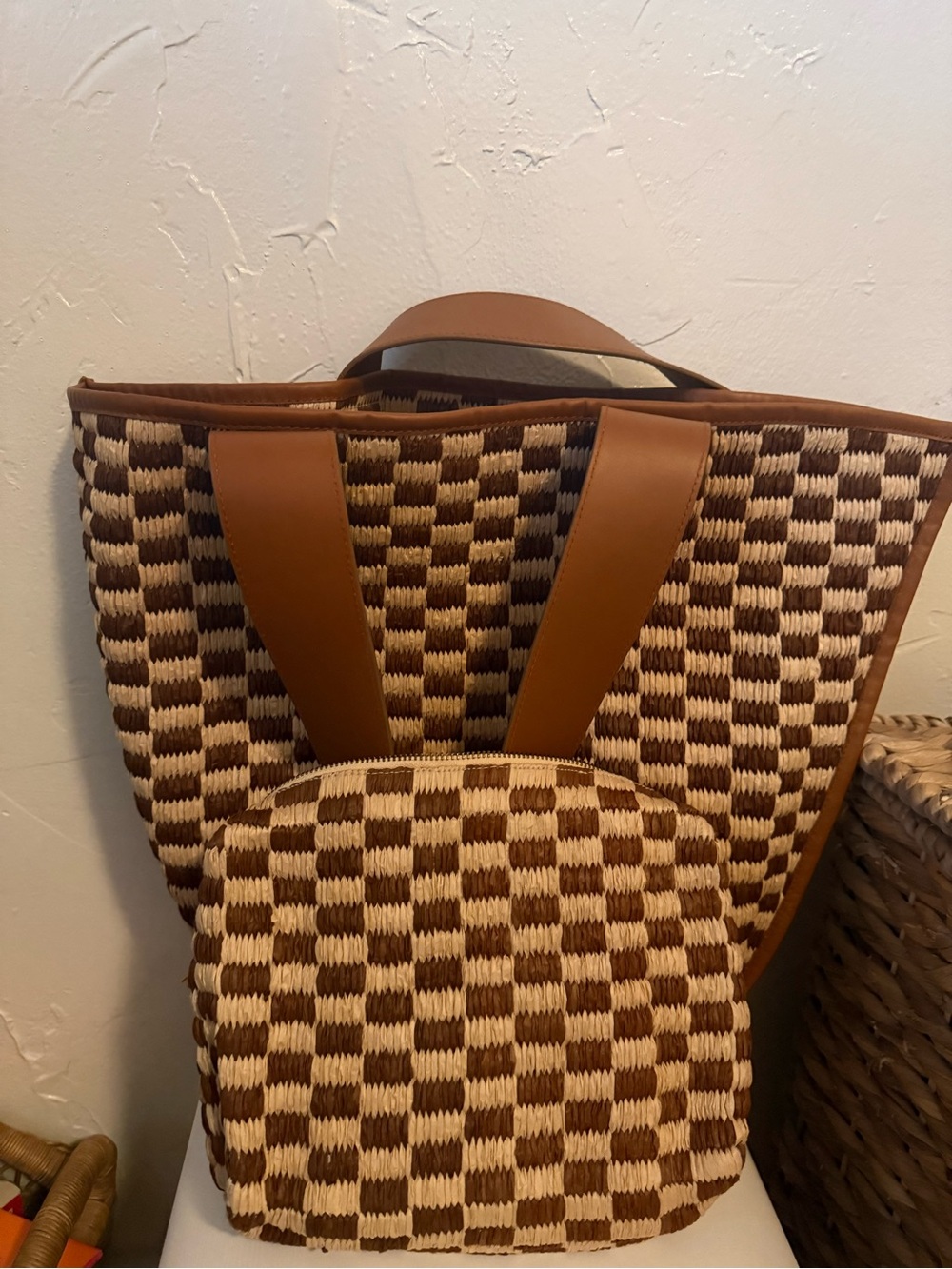 By Anthropologie Raffia Checkered Angular Tote Bag & Matching Pouch Set - Picture 2 of 4